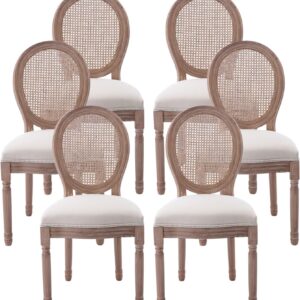 Nrizc Farmhouse Fabric Dining Room Chairs Set of 6, French Chairs with Round Back, Rattan Dining Chair, Oval Side Chairs for Dining Room/Living Room/Kitchen/Restaurant
