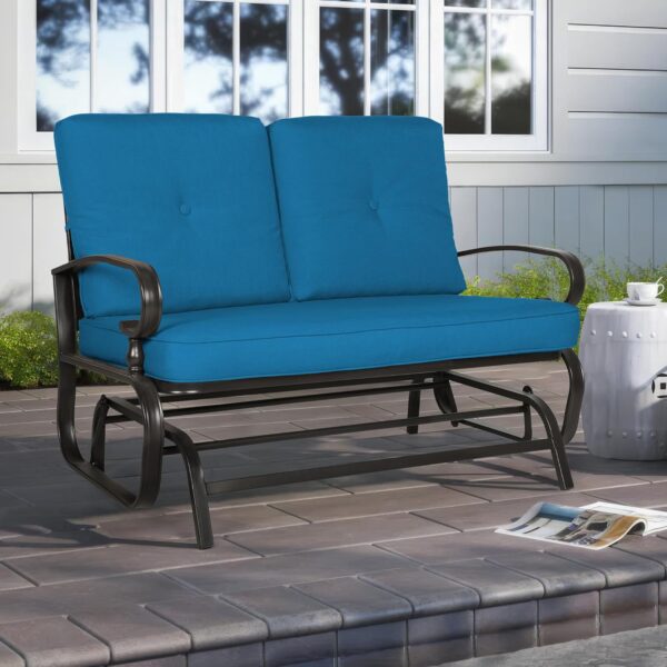 Crownland Outdoor Patio Glider Chair Porch Furniture Loveseat Seating, Wrought Iron Patio Glider for Outside with Cushion (Peacock Blue) - Image 7