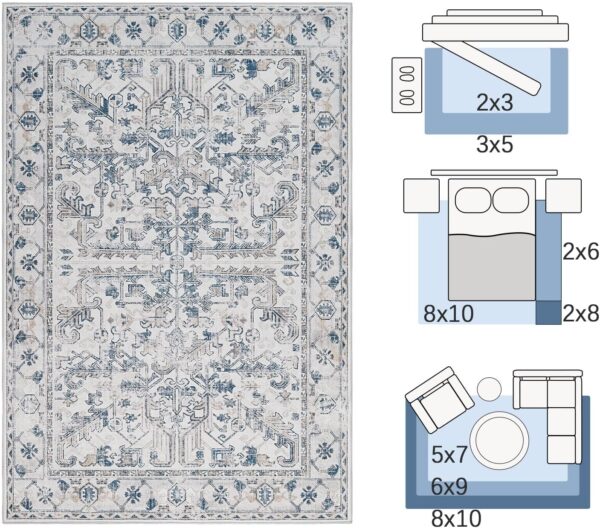 jinchan Washable Area Rug 6x9 Low Pile - Living Room Rug Stain Resistant Vintage Rug Boho Area Rug Large Rug Ultra-Thin Non Slip Carpet Floral Print Indoor Rug for Bedroom Kitchen Farmhouse Blue - Image 2