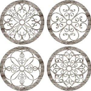 Yulejo 4 Pcs Thicken Rustic Wall Decor Farmhouse Wall Art Wooden Hollow Carved Design Decor Rustic Round Wall Art for Living Room Bedroom Hallway Decor Kitchen Wall (Retro White,9.8 x 9.8 Inch)