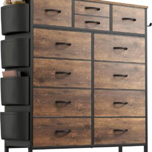 Lulive Dresser for Bedroom with 12 Drawers, Tall Dresser Chest of Drawers with Side Pockets and Hooks, Fabric Dresser Storage Tower for Closet, Hallway, Living Room (Rustic Brown)