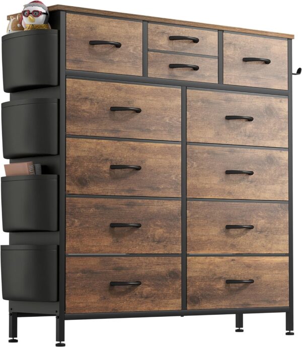 Lulive Dresser for Bedroom with 12 Drawers, Tall Dresser Chest of Drawers with Side Pockets and Hooks, Fabric Dresser Storage Tower for Closet, Hallway, Living Room (Rustic Brown)