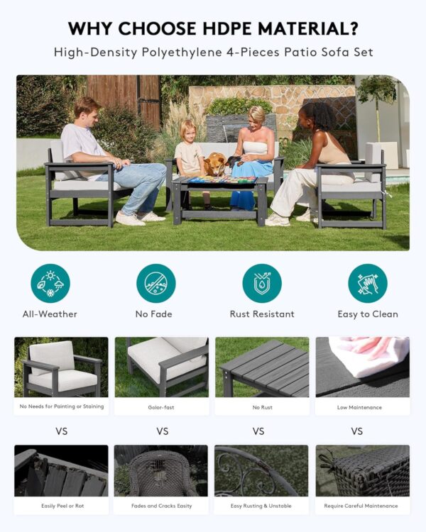 SERWALL 5 Pieces HDPE Outdoor Conversation Sofa Set with Cushions, Grey Frame and Khaki Cushion - Image 3
