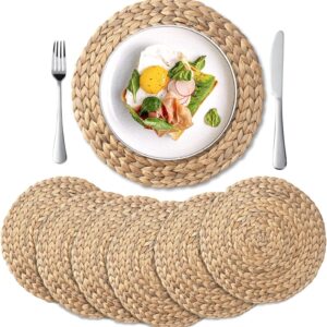 YANGQIHOME 6 Pack, Round Woven Placemats, Natural Water Hyacinth Wicker Place mats, Braided Straw Table Mats for Dining Table, Fall, Halloween, Thanksgiving, Chrismats (11.8 inch)