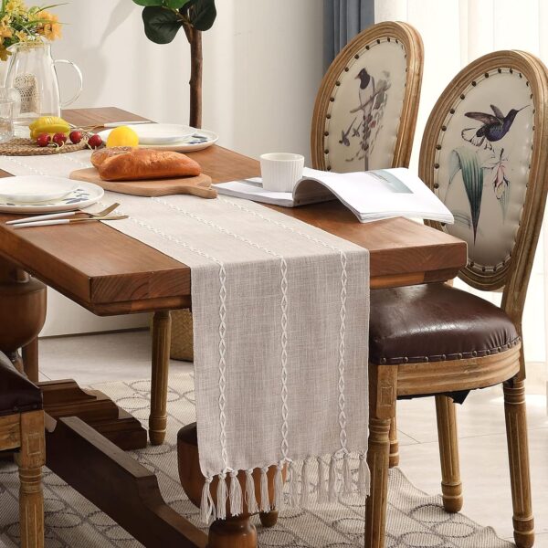 Wracra Rustic Linen Table Runner Farmhouse Style Table Runners 72 inches Long Embroidered Fall Table Runner with Hand-Tassels for Party, Dresser and Dining Room Decorations(Light Coffee, 13"×72") - Image 7