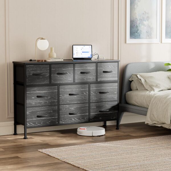 Dresser TV Stand with Power Outlet, 43" Long Dresser for Bedroom with 10 Fabric Drawers, Chest of Drawers for Living Room, Hallway (Black Wood Veins) - Image 6