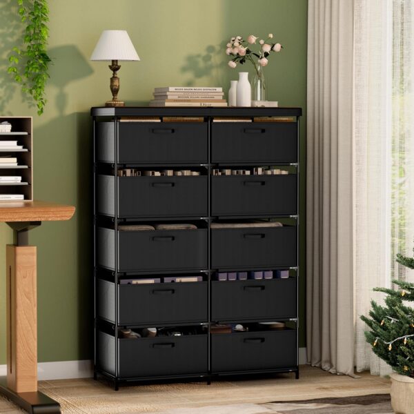 Dresser with 10 Fabric Drawer Solid Wood TV Stand Desktop Sturdy Metal Support Tube Cube Storage Cabinet for Closet Bedroom Organization Dorm Front Hall Entryway (10 Drawer) - Image 4