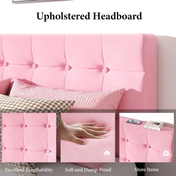 UNIZONE Full Size Bed Frame with Button Tufted Upholstered Headboard, Velvet Platform Bed with Wood Slats Support, Mattress Foundation, No Box Spring Needed, Easy Assembly, Pink - Image 4