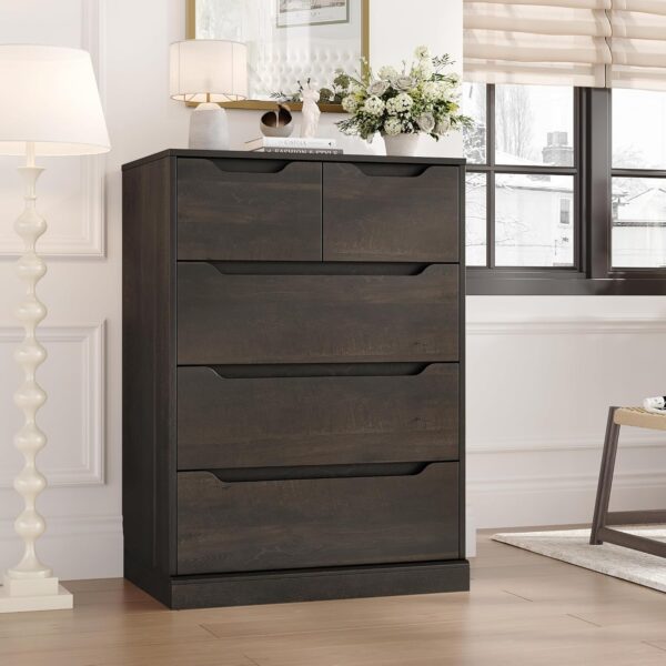HOSTACK Modern 5 Drawer Dresser for Bedroom, Chest of Drawers with Storage, Wood Storage Chest Organizers with Cut-Out Handles, Accent Storage Cabinet for Living Room, Entryway, Hallway, Dark Brown - Image 2