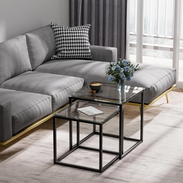 VILAWLENCE Coffee Table Set of 2, Modern Black Glass Side Table, Metal Frame Square End Table, Center Tables,Nesting Coffee Table for Living Room,Bedroom and Small Spaces - Image 3