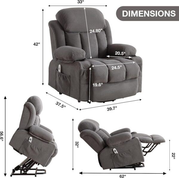 Power Lift Recliner Chair with Heat and Massage Electric Fabric Recliner Chair for Elderly with Side Pocket, USB Charge Port, Remote Control for Living Room (Light Grey) - Image 2