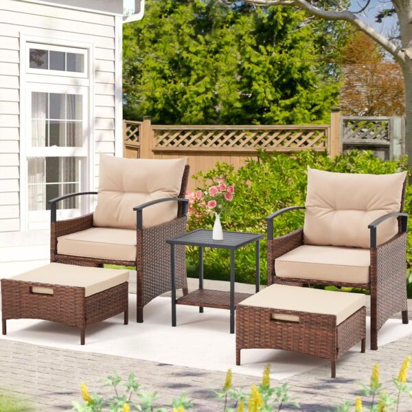 AVAWING 5 Pieces Patio Furniture Set, Outdoor Rattan Chairs with Metal Coffee Table, Ottomans & Soft Cushions, Wicker Conversation Bistro Set for Garden, Deck, Balcony, Poolside(Beige) - Image 6