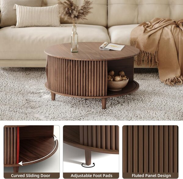 Round Coffee Table with Storage,Mid Century Modern Coffee Table with Sliding Cabinet Door,Coffee Table for Living Room,31.5" Small Center Table (Walnut) - Image 3