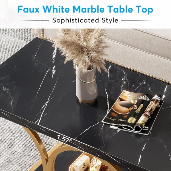 Tribesigns Rectangle Coffee Table, 47.24-inch Modern Coffee Tables for Living Room, 2-Tier Faux Marble Wood Coffee Table with Geometric Metal Legs, Furniture with Storage Shelf (Black & Gold) - Image 5
