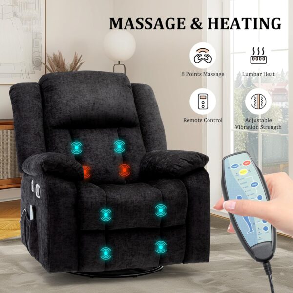 Rocker Recliner Chair for Adults, 360°Swivel Recliner Chair with USB Ports, Electric Recliner Chairs with Massage and Heating, Rocking Recliner for Living Room, Nursery, Black - Image 4