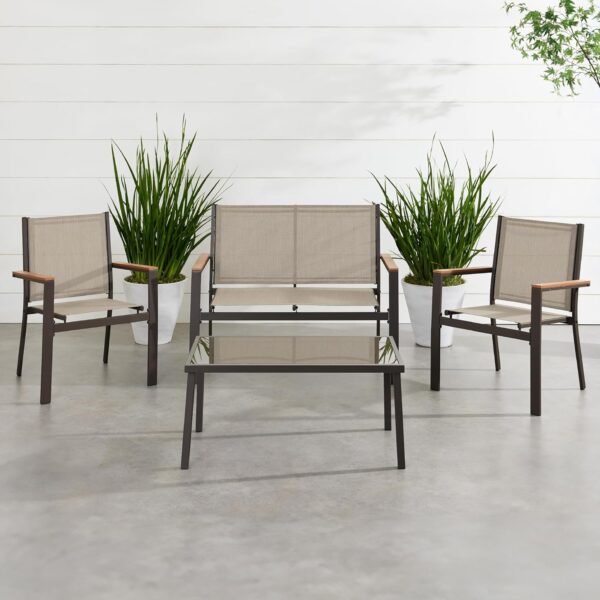 Best Choice Products 4-Piece Outdoor Textilene Patio Conversation Set, Backyard Furniture w/Loveseat, Coffee Table, Steel Frame - Brown/Tan - Image 2