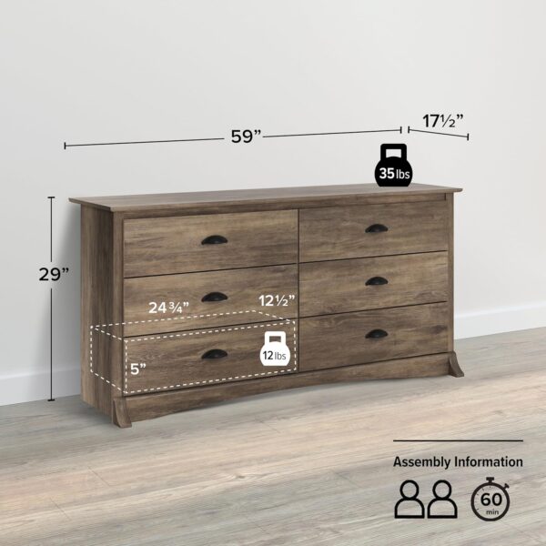 Prepac Salt Spring Bedroom Furniture: Gray Double Dresser for Bedroom, 6-Drawer Wide Chest of Drawers, Traditional Bedroom Dresser, DDC-6330-V, 59"W x 16"D x 29"H - Image 3