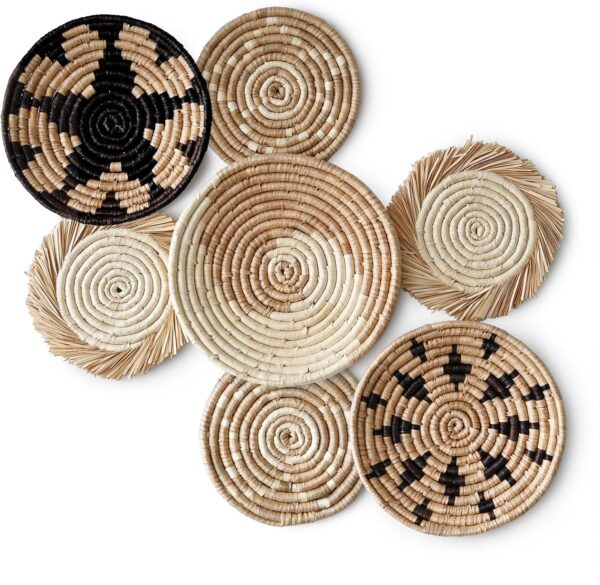 COYACOOL Hanging Woven Wall Basket Decor - Wicker Wall Baskets Decor Boho Flat set of 7 – Boho Wall Decor Art - African Baskets For Wall - Seagrass Basket Round Boho Wall Decor
