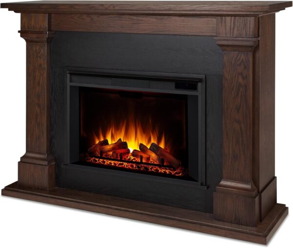 Real Flame Callaway 63" Grand Electric Fireplace with Mantel in Chestnut Oak, Free-Standing Oversized Indoor Electric Fireplace with Mantel, Adjustable Thermostat, Automatic Safety Shut-Off.