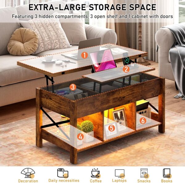 Lift Top Coffee Table, 4 in 1 Living Room Multi-Function LED Table with Charging Station&LED Lights, Farmhouse Convertible Lift Center Table w/Storage and Hidden Compartment, Rustic Brown - Image 6