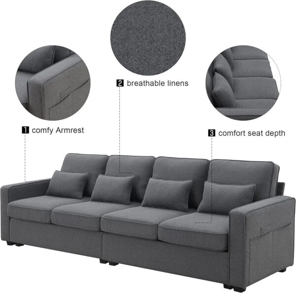 Livavege Upholstered Sectional Sofa with Console, 2 Cup Holders and 2 USB Ports & Wirelessly Charged, Modern Linen Fabric 4-Seat Couch with 4 Pillows for Living Room, Apartment, Office, 114.2inch - Image 3