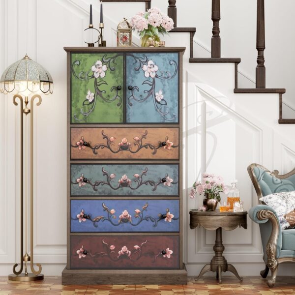 finetones 50’’ Tall Dresser, Boho Dresser Vintage Dresser with 4 Drawers and 2 Doors, Wood Dresser Chests of Drawers for Home, 16.1D x 23.6W x 50H Inch - Image 5