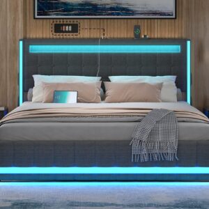 Queen Size Bed Frame with LED Lights and Charging Station, Upholstered Platform Bed with Adjustable Headboard, Queen Size Bed with Wooden Support and Footboard, No Box Spring Needed, Dark Grey