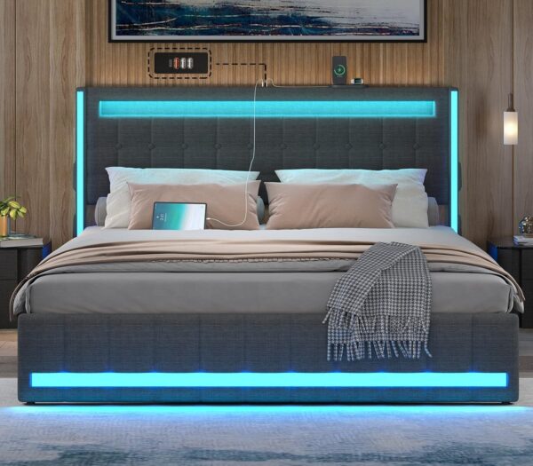 Queen Size Bed Frame with LED Lights and Charging Station, Upholstered Platform Bed with Adjustable Headboard, Queen Size Bed with Wooden Support and Footboard, No Box Spring Needed, Dark Grey