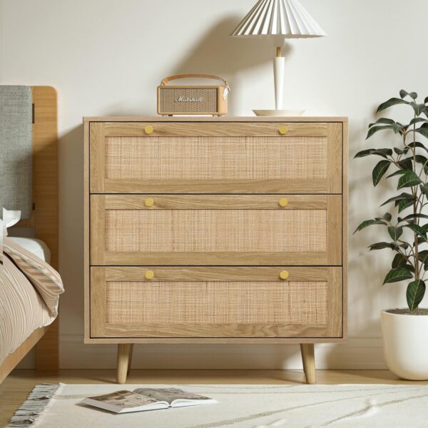 Anmytek 3 Drawer Dresser for Bedroom, Rattan Dresser Modern Wood Chest of Drawers with Spacious Storage for Bedroom Hallway Living Room, Rustic Oak, H0027