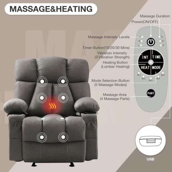 Massage Rocker Recliner Chair with Heat and Vibration Ergonomic Rocking Lounge Chair for Living Room Comfy Overstuffed Recliner with 4 Side Pockets,2 Cup Holders, USB Charge Port, Grey - Image 5