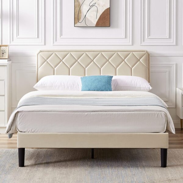 VECELO Full Size Bed Frame Premium Velvet Upholstered Platform with Height Adjustable Headboard/Mattress Foundation, Solid Wooden Slat Support, No Box Spring Needed/Easy Assembly - Image 4