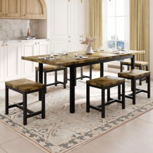 Feonase 7-Piece Dining Table Set with 6 Stools, 63" Large Extendable Kitchen Table Set for 4-8, Mid-Century Dining Room Table with Heavy-Duty Frame, Easy Assembly, Rustic Brown