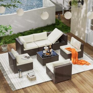 6 Pieces Outdoor Patio Furniture Set, Wicker Patio Conversation Set, Patio Sectional Furniture Set with 2 Swivel Rocker Patio Chair and Sofa, 2 Ottomans and Coffee Table (Grey)