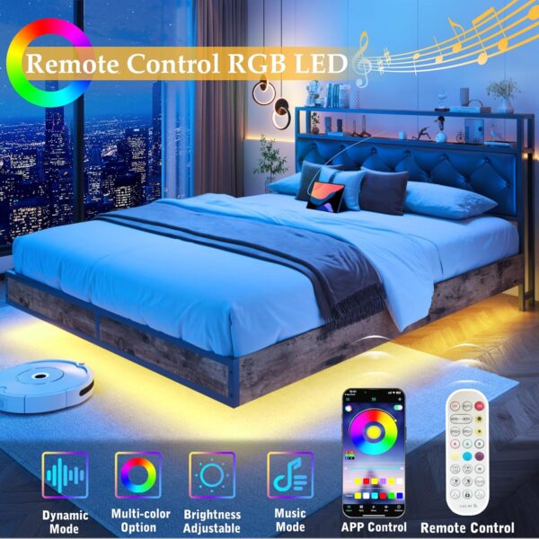 HISOFT Floating Queen Bed Frame with 2-Tier Storage Headboard, Metal Queen Bed Frame with Charging Station & LED, Faux Leather, No Box Spring Needed, Noise Free, Easy to Assemble, Black Diamond - Image 6