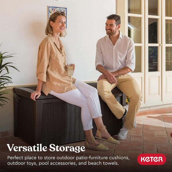 Keter Borneo 416L Storage Box, All-Weather Wicker Rattan-Style Resin Deck Box and Stylish Outdoor Bench with Piston-Assisted Lockable Lid, Brown - Image 4