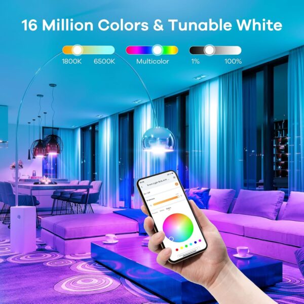 Linkind WiFi Smart Light Bulbs, Alexa Light Bulb Work with Alexa, Google Home, RGBTW 16 Million Color Changing Light Bulbs Dimmable, Mood Lighting, 2.4Ghz WiFi Only, A19 E26 WiFi Bulb 60W 800LM 8 Pack - Image 4