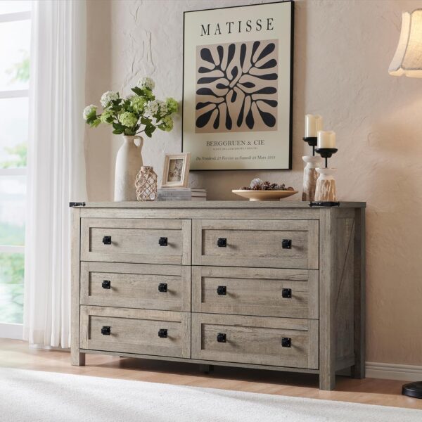 T4TREAM Farmhouse 6 Drawers Dresser for Bedroom, Wood Rustic Wide Chest of Drawers, Storage Dressers Organizer for Bedroom, Living Room, Hallway, Light Rustic Oak - Image 6