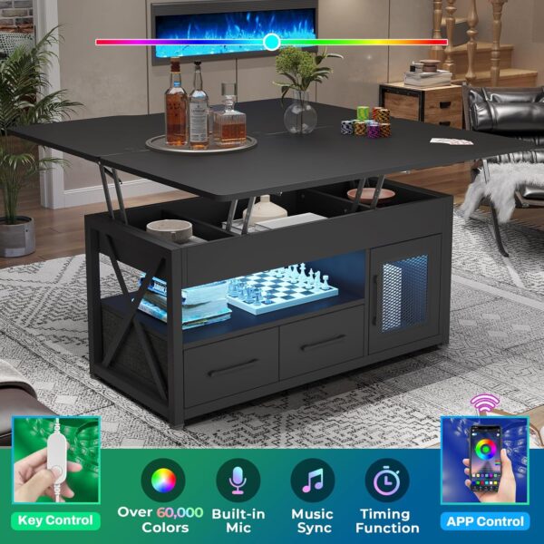 Itaar 40" Lift Top Coffee Table, 4 in 1 Coffee Tables with Storage Cabinet for Living Room, Small Farmhouse Coffee Table with 2 Fabric Drawers & LED Light for Dining Room, Black - Image 5