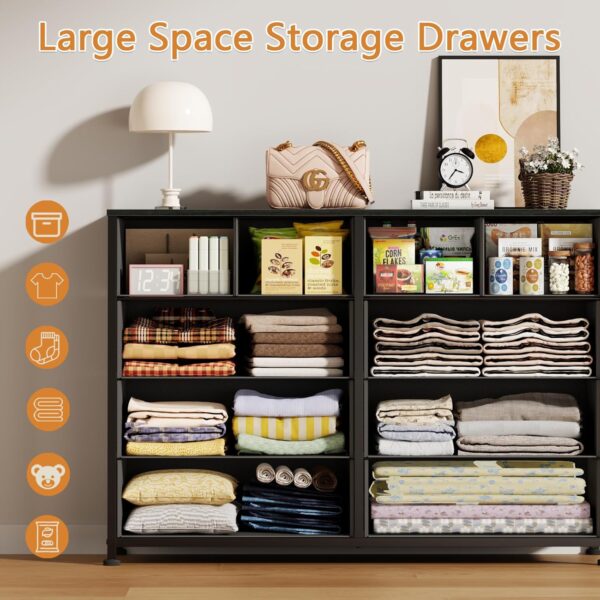 Furnulem 10 Drawer Dresser for Bedroom, Chest of Drawer for 55'' Long TV Stand Entertainment Center, Storage Organizer for Closet, Living Room, Entryway, Fabric Bins, Wood Top, Metal Frame(Black Oak) - Image 4