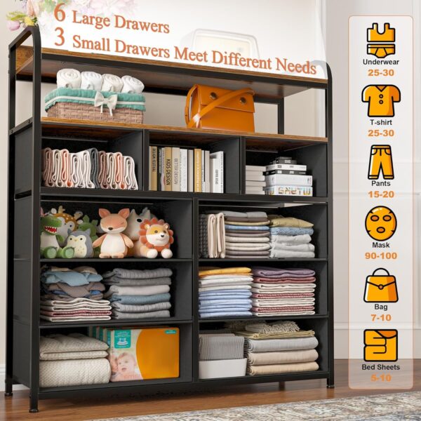 EnHomee Dresser for Bedroom with 9 Drawer Dressers & Chest of Drawers for Bedroom,Fabric Dresser for Closet with Wood Top for Living Room,Entryway,2 Shelves,Metal Frame,Rustic Brown - Image 4