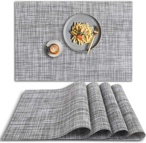 homEdge PVC Placemat, 4 PCS of Non-Slip Heat Resistant Place Mats, Washable Vinyl Placemats, Set of 4 – Gray