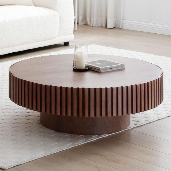 JUSTONE 31.49" Round Coffee Table, Farmhouse Wood Coffee Table for Living Room,Circle Drum Coffee Table with Handcrafted Relief for Apartment ø31.49'' x 13.77''H (Walnut) - Image 4