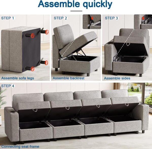 Modular Sectional Sofa,Couches for Living Room with Storage, Armrest with Power Grommet and Cup Holder, Wireless Charging Stand & LED Light Included,U-Shape with 2 Ottomans - Image 4