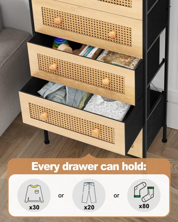 Crestlive Products Rattan Dresser Storage Tower, Tall Fabric Dresser, Chests of Drawers, Wood Top &Wood Handles - Organizer Unit for Bedroom, Hallway, Entryway, Closets - 5 Drawers (Natural) - Image 3