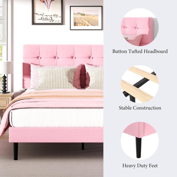 UNIZONE Full Size Bed Frame with Button Tufted Upholstered Headboard, Velvet Platform Bed with Wood Slats Support, Mattress Foundation, No Box Spring Needed, Easy Assembly, Pink - Image 5
