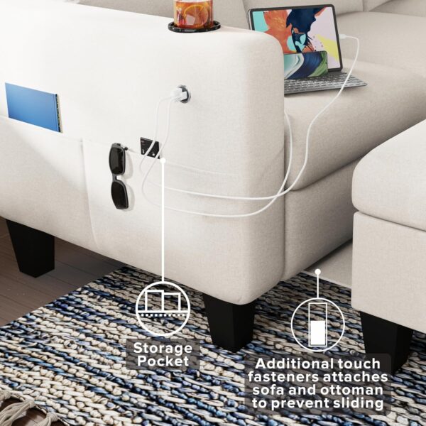 Sunrise Coast Convertible Sectional Sofa Couch, Couches for Living Room, USB+Type C Ports and 2 Cup Holders & Movable Ottoman, 3-Seat L-Shaped Couch for Living Room/Apartment/Small Space, Beige - Image 4