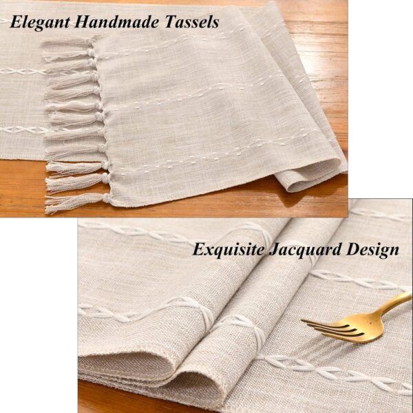Wracra Rustic Linen Table Runner Farmhouse Style Table Runners 72 inches Long Embroidered Fall Table Runner with Hand-Tassels for Party, Dresser and Dining Room Decorations(Light Coffee, 13"×72") - Image 2
