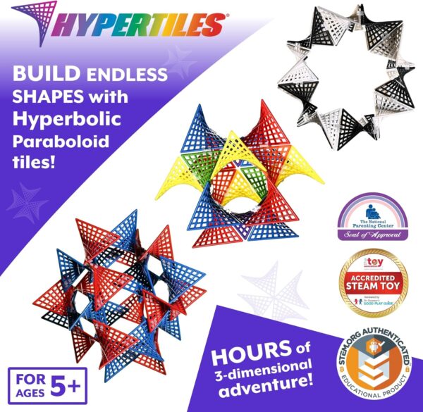 HyperTiles Hyperbolic Building Toy - 3" x 3" STEM Educational 3-Dimensional Adventure: 48 Tiles & 80 Connectors for Logic & Creativity - Infinite Shapes that Flex and Hinge - by Fun In Motion Toys - Image 2