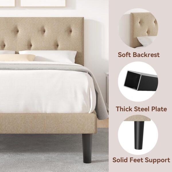 Flolinda Queen Size Platform Bed Frame with Fabric Headboard, Strong Wooden Slats, Non-Slip and Noise-Free, Bedroom and Guest Room Bed Frames, No Box Spring Needed, Easy Assembly, Beige - Image 5