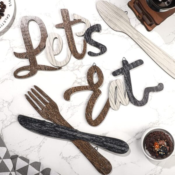 Jetec 5 Pcs Let's Eat Sign Kitchen Wall Decor Fork Spoon Knife Kitchen Decor Sign Rustic Farmhouse Wooden Eat Sign for Kitchen Home Dining Room Bar Cafe Restaurant(Brown, Beige, Dark Gray) - Image 7